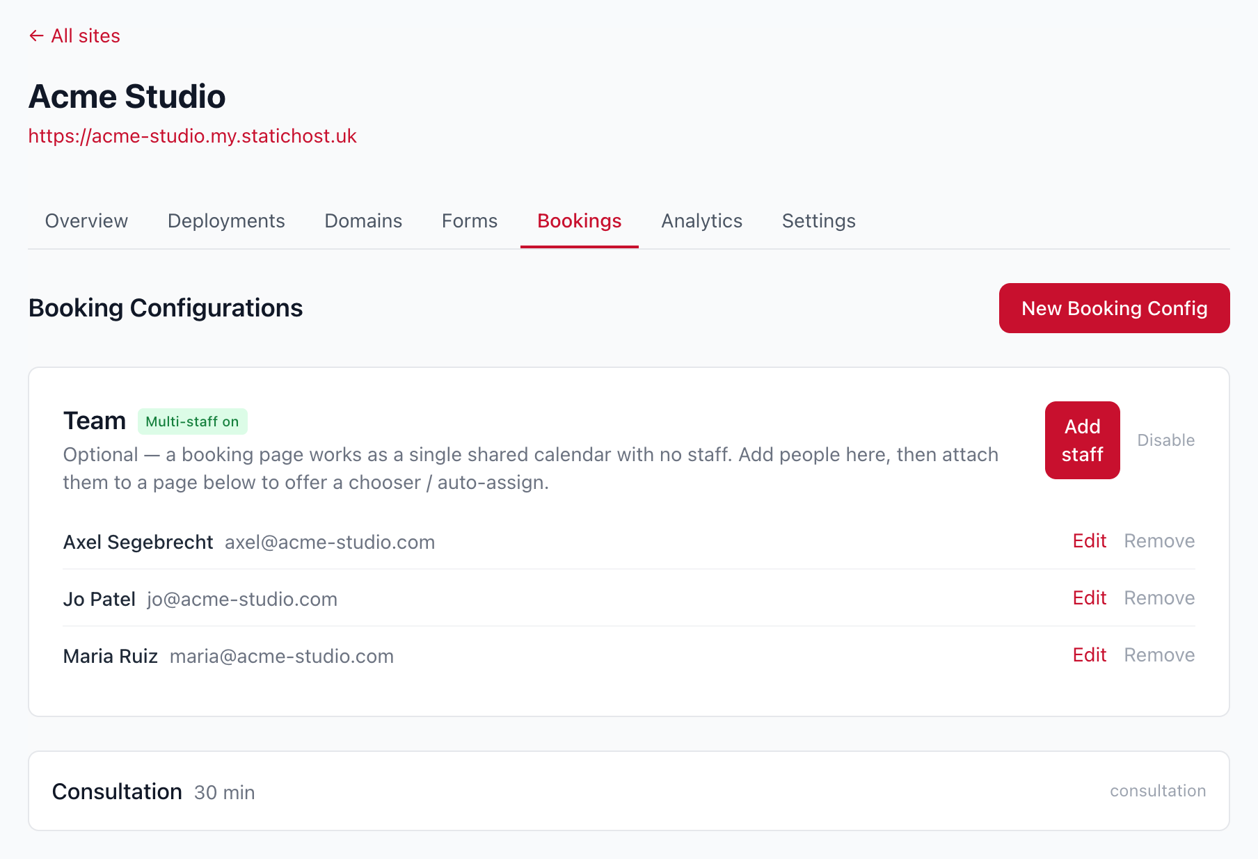 The Bookings tab: your booking configs and the team panel for Bookings Plus